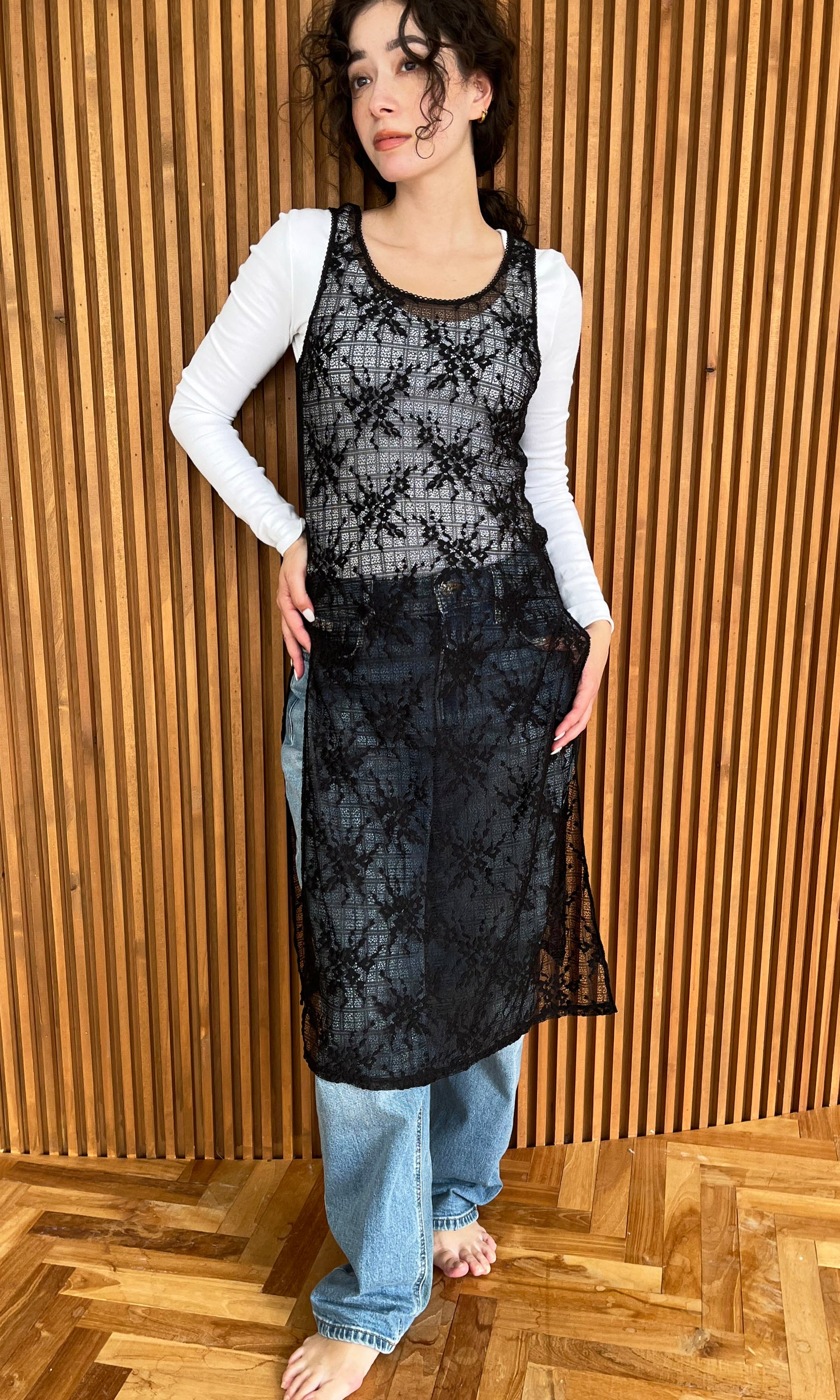 Floral Check Long Camisole｜Black