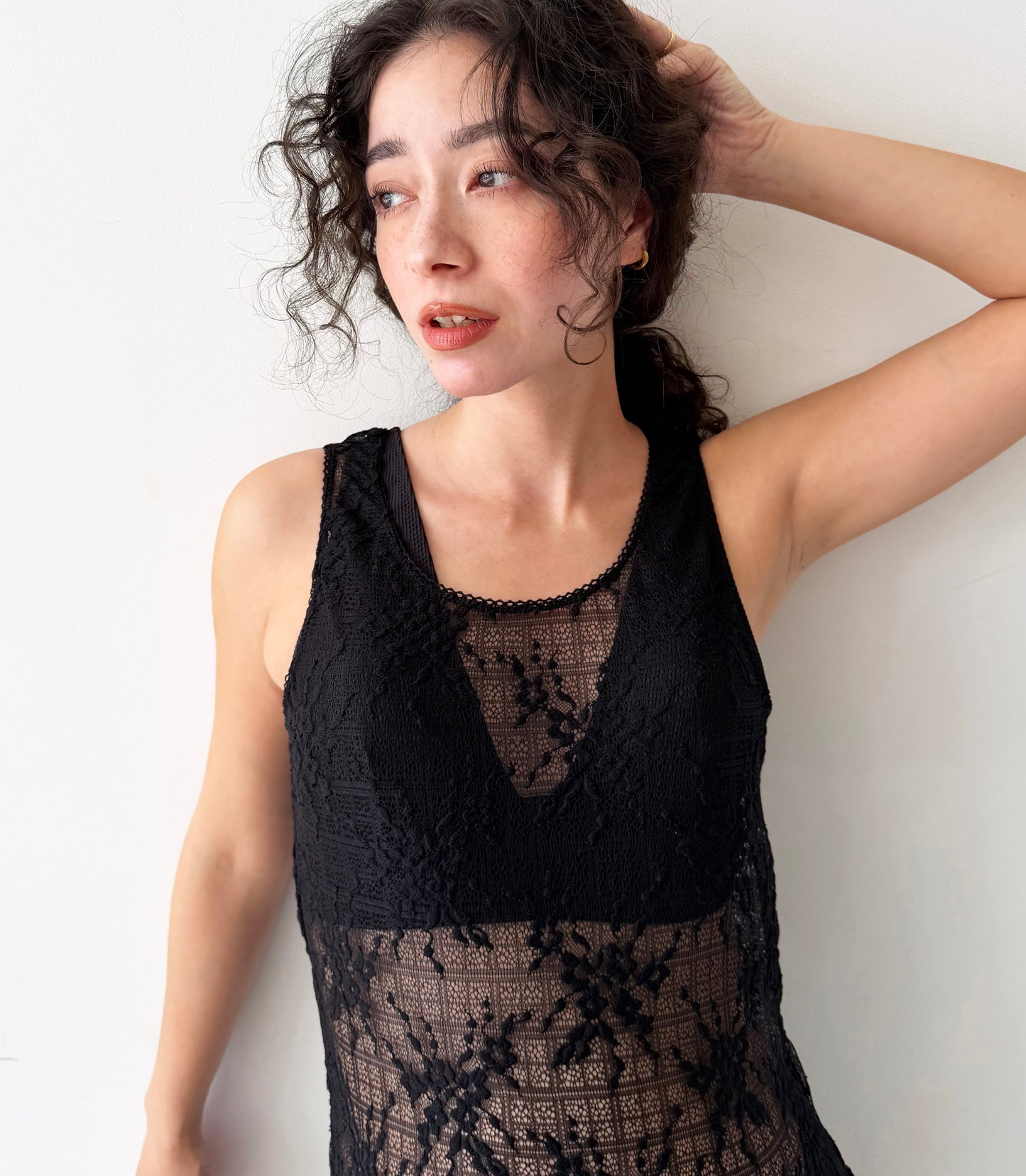 Floral Check Long Camisole｜Black