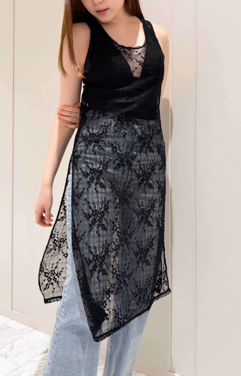 Floral Check Long Camisole｜Black